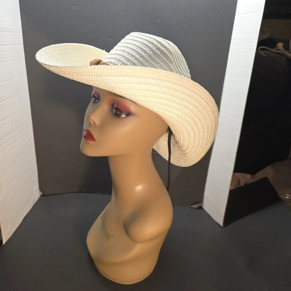Women's Straw Cowboy Hat Wide Brim Summer‎ Beach Sun Hat with Chin Strap